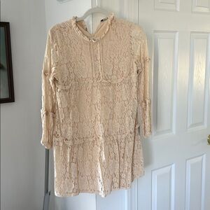 Short lace overlay dress with sheer lace sleeve